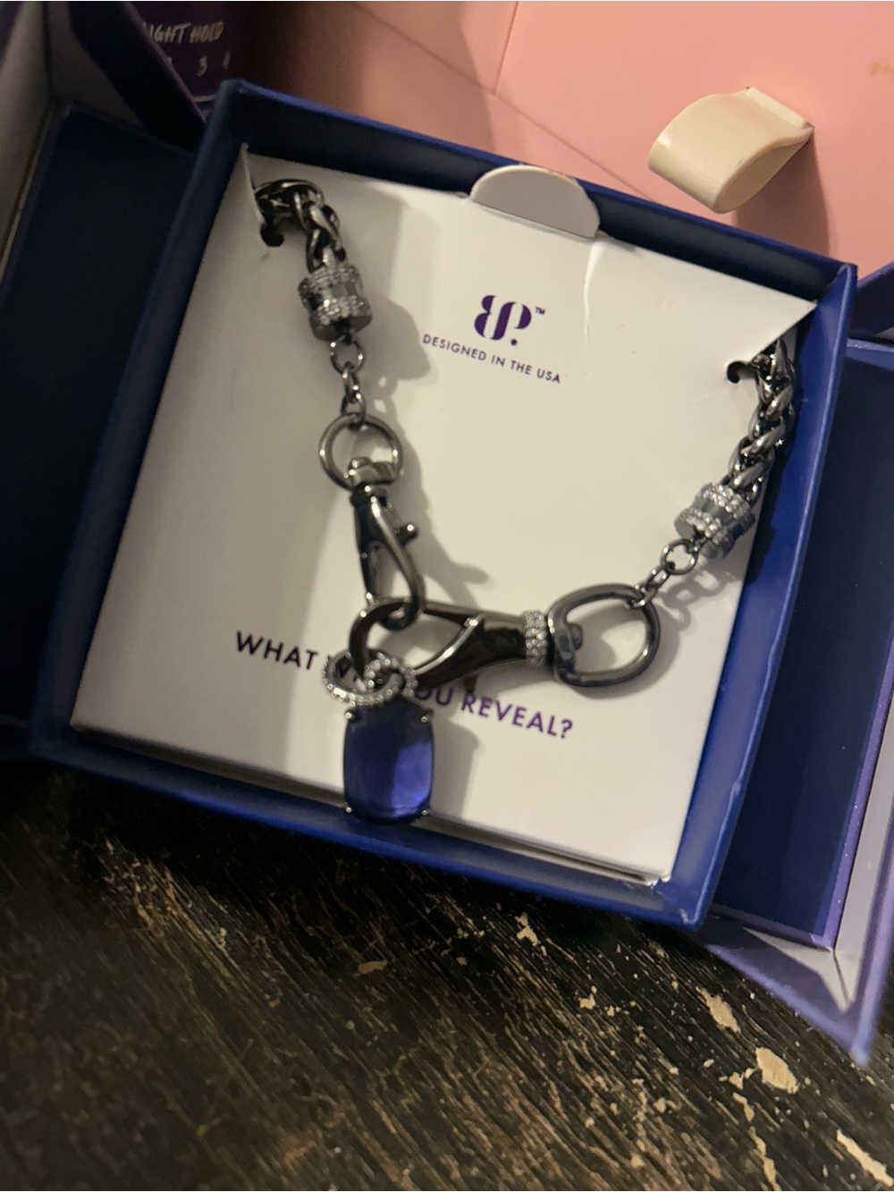Gunmetal Chain Necklace with Deep Blue Pendant